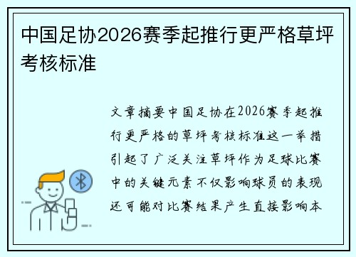 中国足协2026赛季起推行更严格草坪考核标准 中国足协2026赛季起推行更严格草坪考核标准