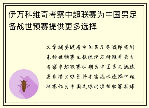 伊万科维奇考察中超联赛为中国男足备战世预赛提供更多选择