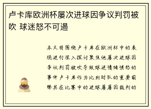 卢卡库欧洲杯屡次进球因争议判罚被吹 球迷怒不可遏