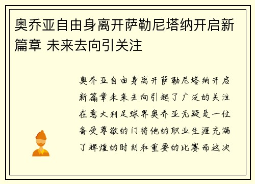 奥乔亚自由身离开萨勒尼塔纳开启新篇章 未来去向引关注